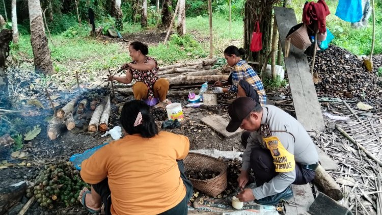 Bripka Marhadi Bhabinkamtibmas Desa Suka Maju Dampingi Warganya Mengolah Buah Enau Menjadi Kulang Kaleng